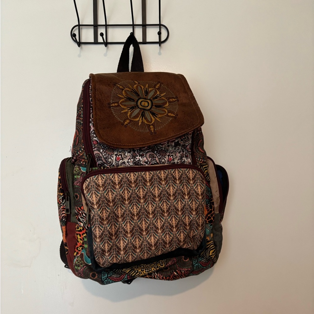 Hand stitched Bohemian Multicolor Backpack with Leather